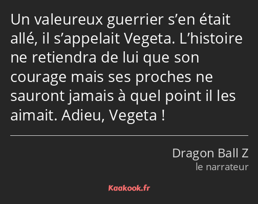 Un valeureux guerrier s’en était allé, il s’appelait Vegeta. L’histoire ne retiendra de lui que son…