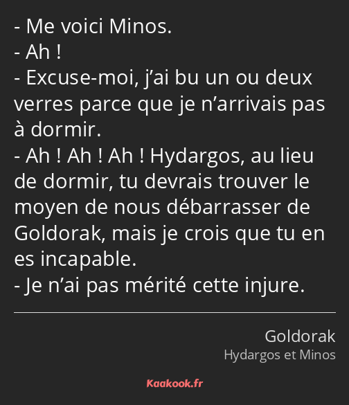 Me voici Minos. Ah ! Excuse-moi, j’ai bu un ou deux verres parce que je n’arrivais pas à dormir. Ah…