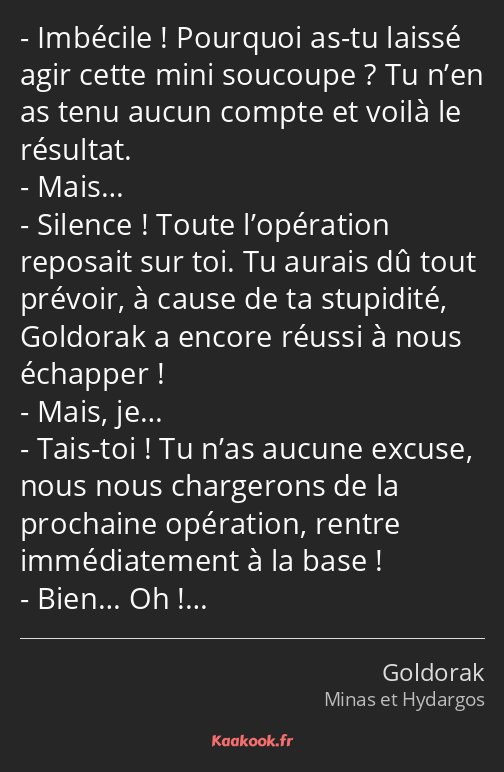 Imbécile ! Pourquoi as-tu laissé agir cette mini soucoupe ? Tu n’en as tenu aucun compte et voilà…