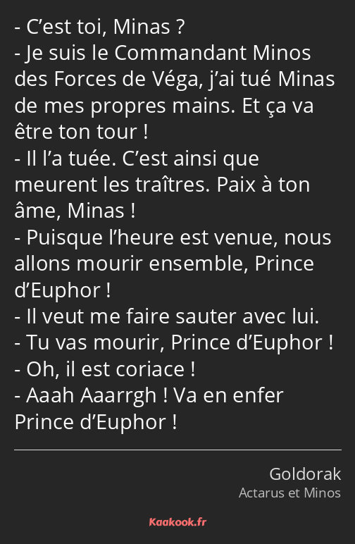 C’est toi, Minas ? Je suis le Commandant Minos des Forces de Véga, j’ai tué Minas de mes propres…