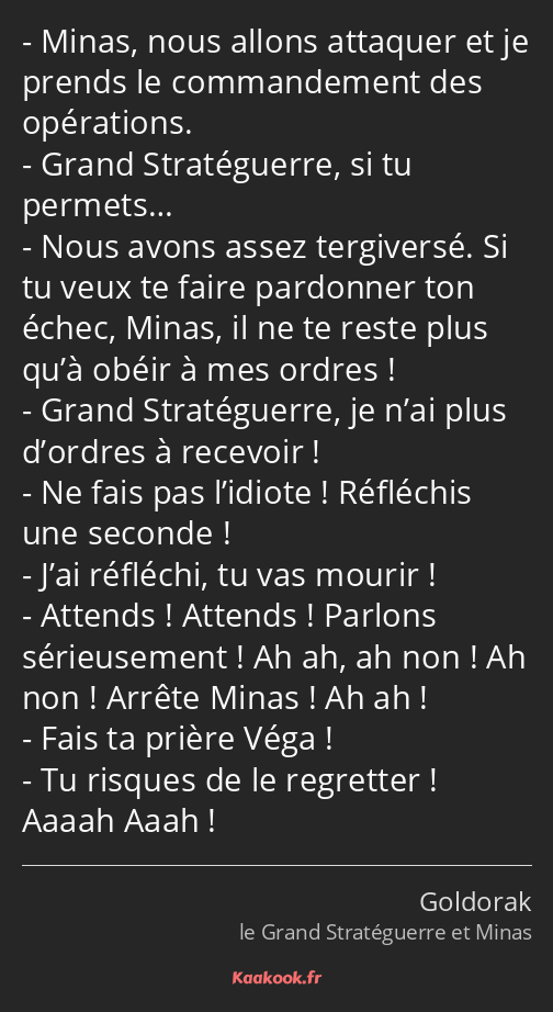 Minas, nous allons attaquer et je prends le commandement des opérations. Grand Stratéguerre, si tu…