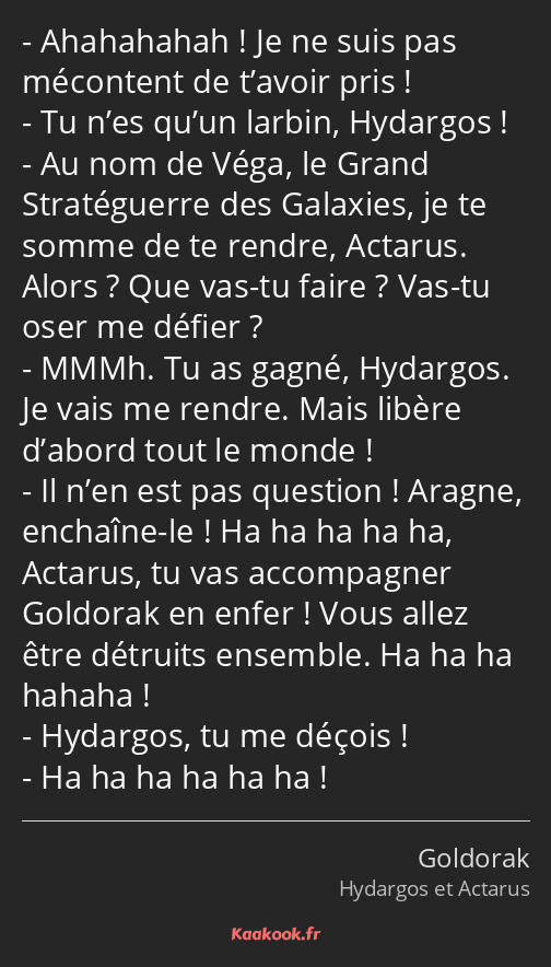 Ahahahahah ! Je ne suis pas mécontent de t’avoir pris ! Tu n’es qu’un larbin, Hydargos ! Au nom de…