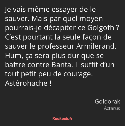 Je vais même essayer de le sauver. Mais par quel moyen pourrais-je décapiter ce Golgoth ? C’est…