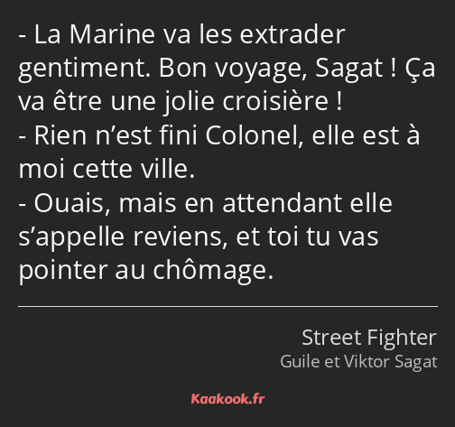 La Marine va les extrader gentiment. Bon voyage, Sagat ! Ça va être une jolie croisière ! Rien…