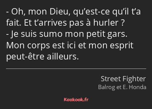 Oh, mon Dieu, qu’est-ce qu’il t’a fait. Et t’arrives pas à hurler ? Je suis sumo mon petit gars…