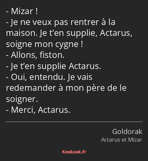 Mizar ! Je ne veux pas rentrer à la maison. Je t’en supplie, Actarus, soigne mon cygne ! Allons…