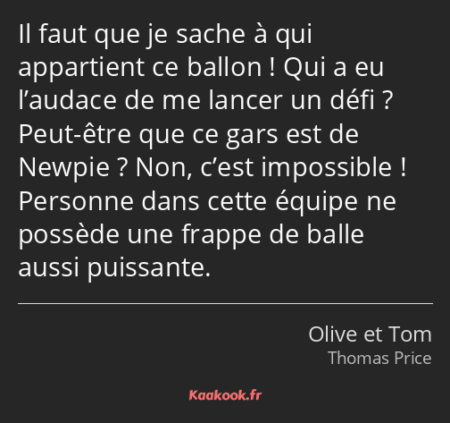 Il faut que je sache à qui appartient ce ballon ! Qui a eu l’audace de me lancer un défi ? Peut…