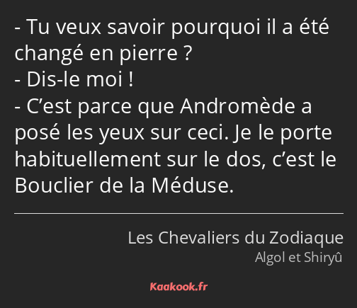 Tu veux savoir pourquoi il a été changé en pierre ? Dis-le moi ! C’est parce que Andromède a posé…