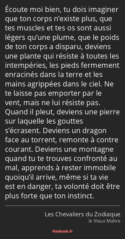 Écoute moi bien, tu dois imaginer que ton corps n’existe plus, que tes muscles et tes os sont aussi…