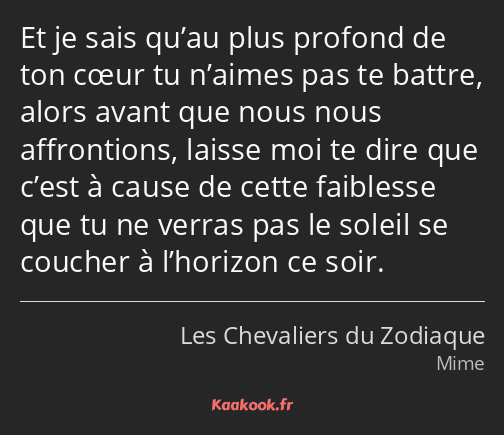 Et je sais qu’au plus profond de ton cœur tu n’aimes pas te battre, alors avant que nous nous…