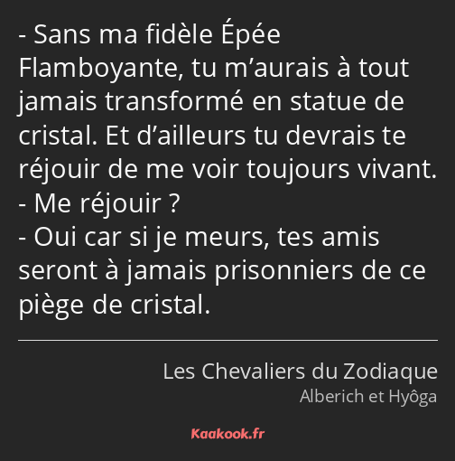 Sans ma fidèle Épée Flamboyante, tu m’aurais à tout jamais transformé en statue de cristal. Et…