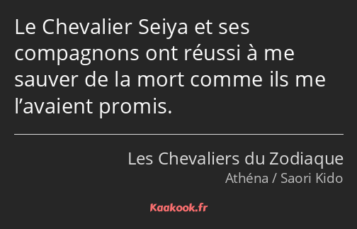 Le Chevalier Seiya et ses compagnons ont réussi à me sauver de la mort comme ils me l’avaient…