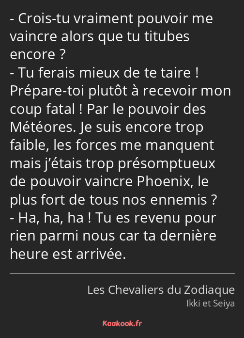 Crois-tu vraiment pouvoir me vaincre alors que tu titubes encore ? Tu ferais mieux de te taire…