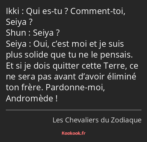 Qui es-tu ? Comment-toi, Seiya ? Seiya ? Oui, c’est moi et je suis plus solide que tu ne le pensais…