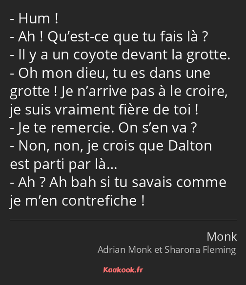 Hum ! Ah ! Qu’est-ce que tu fais là ? Il y a un coyote devant la grotte. Oh mon dieu, tu es dans…