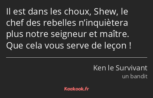 Il est dans les choux, Shew, le chef des rebelles n’inquiètera plus notre seigneur et maître. Que…