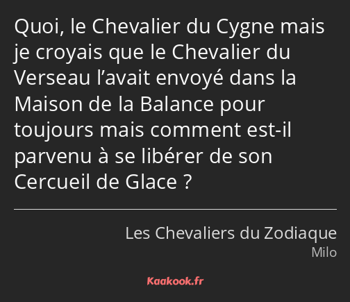 Quoi, le Chevalier du Cygne mais je croyais que le Chevalier du Verseau l’avait envoyé dans la…