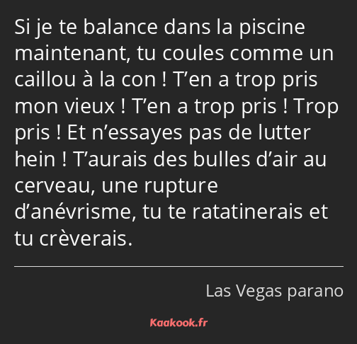 Si je te balance dans la piscine maintenant, tu coules comme un caillou à la con ! T’en a trop pris…