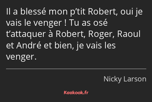 Il a blessé mon p’tit Robert, oui je vais le venger ! Tu as osé t’attaquer à Robert, Roger, Raoul…