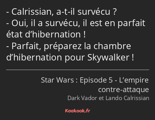 Calrissian, a-t-il survécu ? Oui, il a survécu, il est en parfait état d’hibernation ! Parfait…