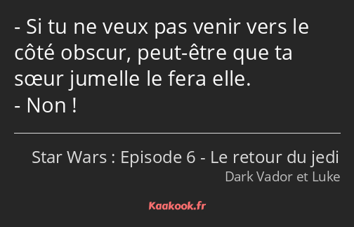 Si tu ne veux pas venir vers le côté obscur, peut-être que ta sœur jumelle le fera elle. Non !