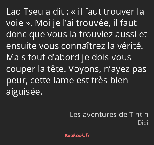 Lao Tseu a dit : il faut trouver la voie. Moi je l’ai trouvée, il faut donc que vous la trouviez…