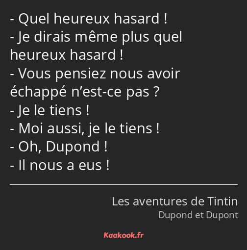 Quel heureux hasard ! Je dirais même plus quel heureux hasard ! Vous pensiez nous avoir échappé…