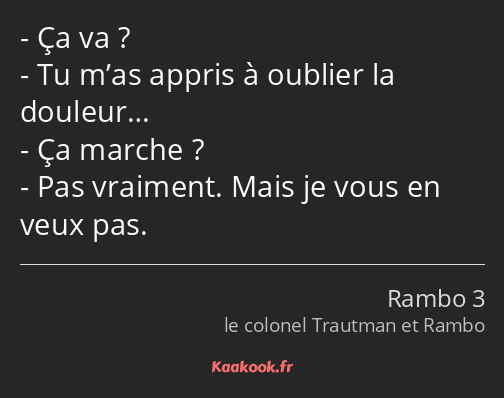 Ça va ? Tu m’as appris à oublier la douleur… Ça marche ? Pas vraiment. Mais je vous en veux pas.