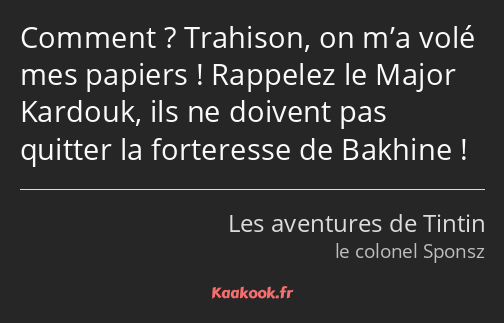 Comment ? Trahison, on m’a volé mes papiers ! Rappelez le Major Kardouk, ils ne doivent pas quitter…