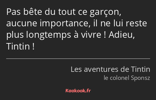 Pas bête du tout ce garçon, aucune importance, il ne lui reste plus longtemps à vivre ! Adieu…
