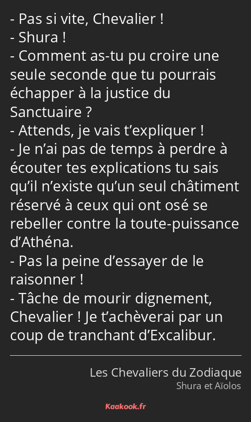 Pas si vite, Chevalier ! Shura ! Comment as-tu pu croire une seule seconde que tu pourrais échapper…