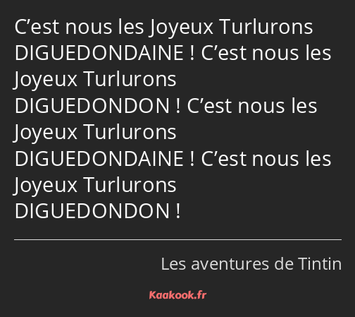 C’est nous les Joyeux Turlurons DIGUEDONDAINE ! C’est nous les Joyeux Turlurons DIGUEDONDON ! C’est…