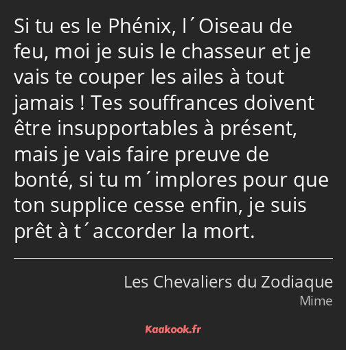 Si tu es le Phénix, l´Oiseau de feu, moi je suis le chasseur et je vais te couper les ailes à tout…