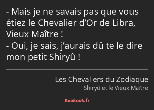 Mais je ne savais pas que vous étiez le Chevalier d’Or de Libra, Vieux Maître ! Oui, je sais…