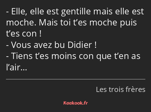 Elle, elle est gentille mais elle est moche. Mais toi t’es moche puis t’es con ! Vous avez bu…