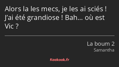 Alors la les mecs, je les ai sciés ! J’ai été grandiose ! Bah… où est Vic ?