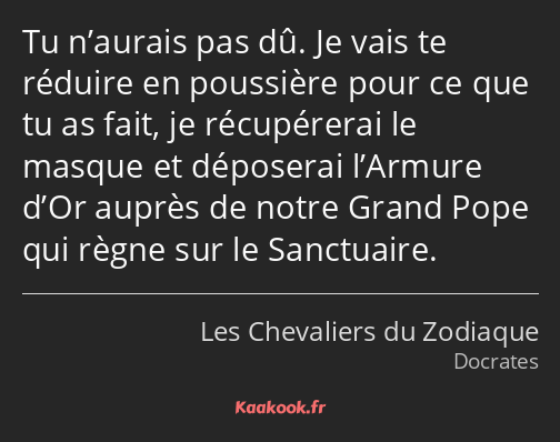 Tu n’aurais pas dû. Je vais te réduire en poussière pour ce que tu as fait, je récupérerai le…