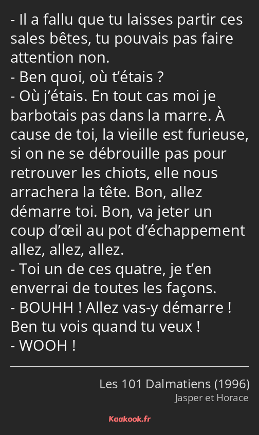 Il a fallu que tu laisses partir ces sales bêtes, tu pouvais pas faire attention non. Ben quoi, où…