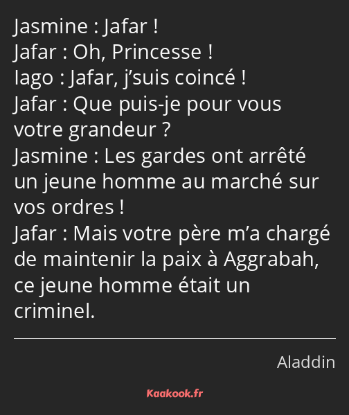 Jafar ! Oh, Princesse ! Jafar, j’suis coincé ! Que puis-je pour vous votre grandeur ? Les gardes…