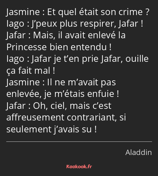 Et quel était son crime ? J’peux plus respirer, Jafar ! Mais, il avait enlevé la Princesse bien…