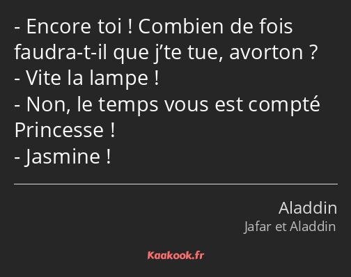 Encore toi ! Combien de fois faudra-t-il que j’te tue, avorton ? Vite la lampe ! Non, le temps vous…