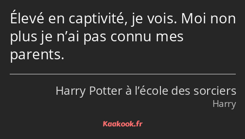 Élevé en captivité, je vois. Moi non plus je n’ai pas connu mes parents.