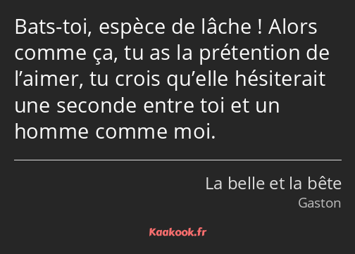 Bats-toi, espèce de lâche ! Alors comme ça, tu as la prétention de l’aimer, tu crois qu’elle…