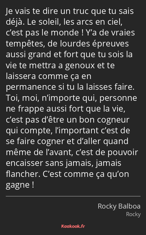 Je vais te dire un truc que tu sais déjà. Le soleil, les arcs en ciel, c’est pas le monde ! Y’a de…