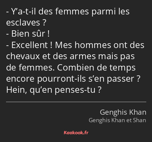 Y’a-t-il des femmes parmi les esclaves ? Bien sûr ! Excellent ! Mes hommes ont des chevaux et des…