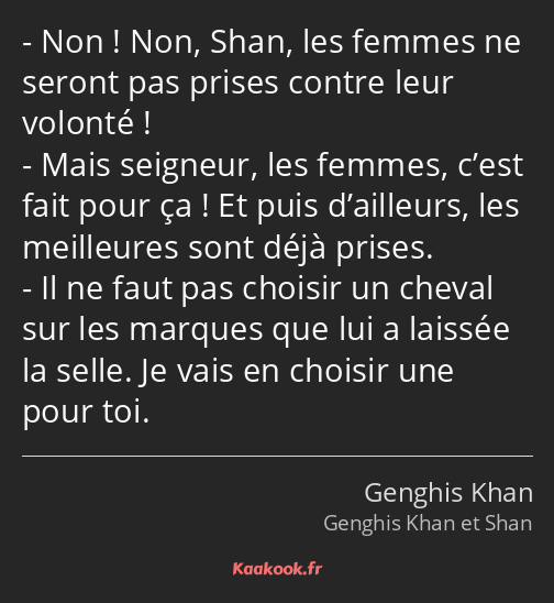 Non ! Non, Shan, les femmes ne seront pas prises contre leur volonté ! Mais seigneur, les femmes…