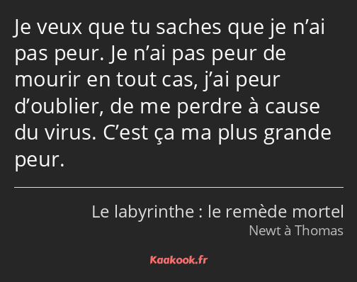 Je veux que tu saches que je n’ai pas peur. Je n’ai pas peur de mourir en tout cas, j’ai peur…