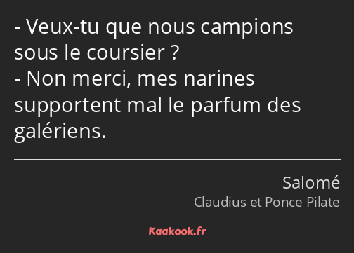 Veux-tu que nous campions sous le coursier ? Non merci, mes narines supportent mal le parfum des…