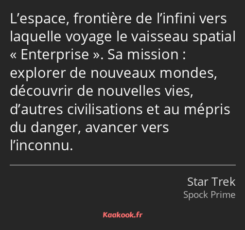L’espace, frontière de l’infini vers laquelle voyage le vaisseau spatial Enterprise. Sa mission…