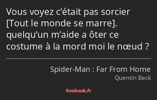 Vous voyez c’était pas sorcier . quelqu’un m’aide a ôter ce costume à la mord moi le nœud ?